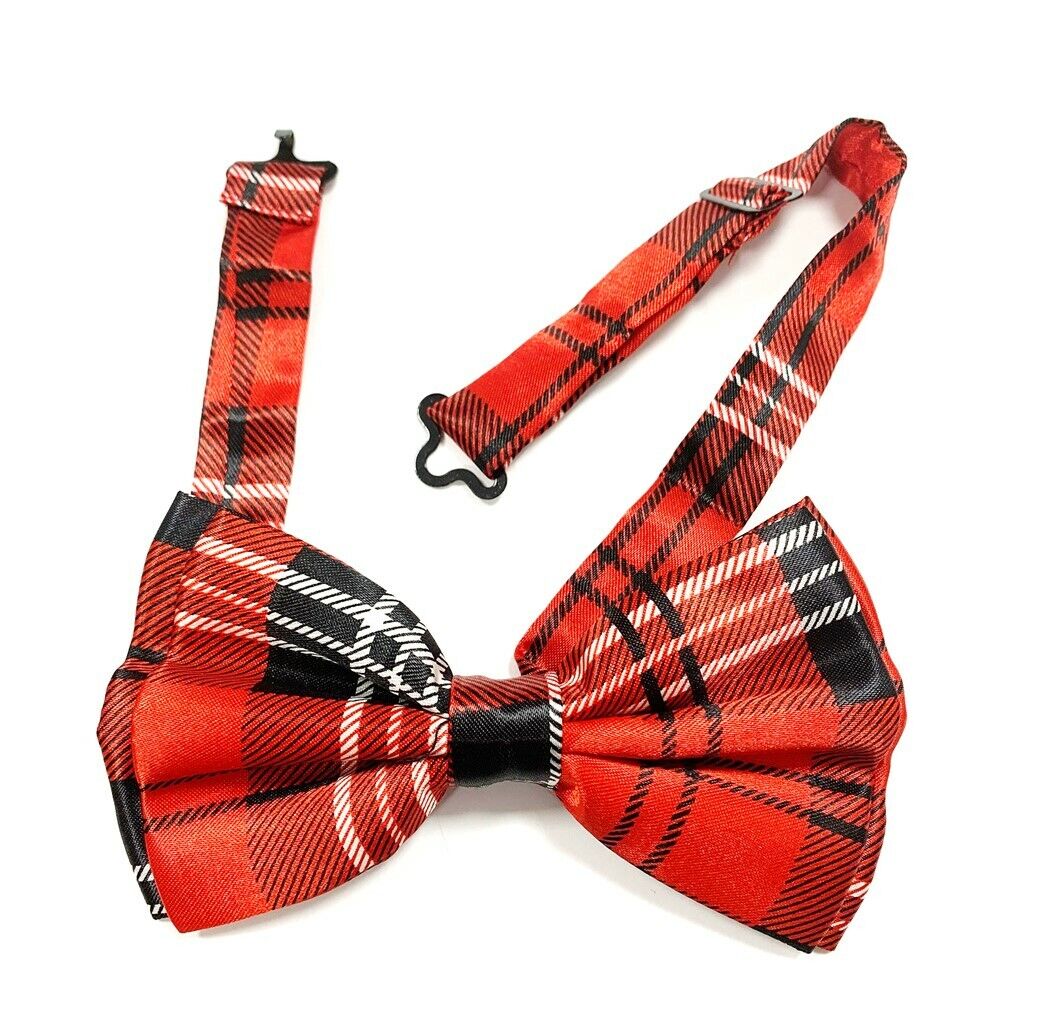 Royal Red Tartan Bow Tie Wedding Prom Smart Unisex Adjustable Clip On Costume UK